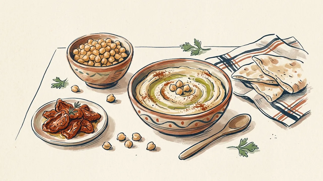 Cuenco de hummus junto a garbanzos, tomates secos y pan, ilustrados sobre una mesa.