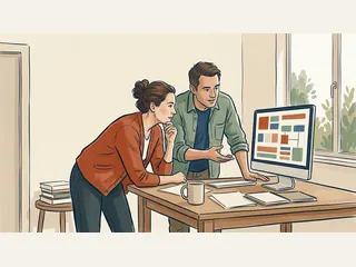 Dos personas adultas observan una pantalla con bloques geométricos de colores.
