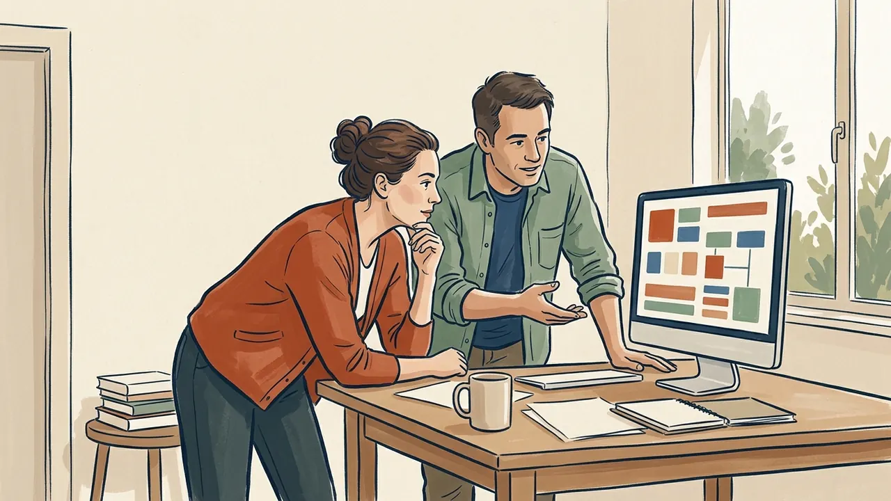 Dos personas adultas observan una pantalla con bloques geométricos de colores.