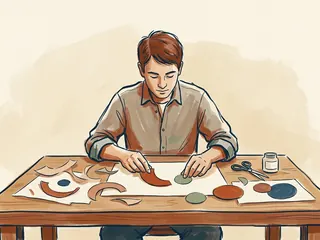 Una persona organiza círculos y formas curvas de papel sobre una mesa de taller.