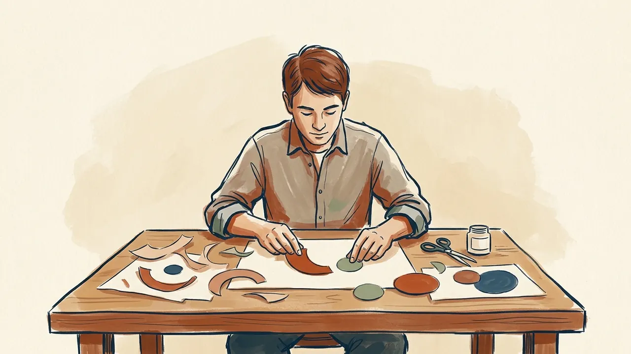 Una persona organiza círculos y formas curvas de papel sobre una mesa de taller.