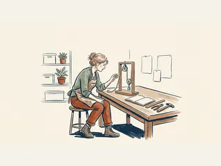 Inventora observando una maqueta con dos poleas en una mesa de taller.