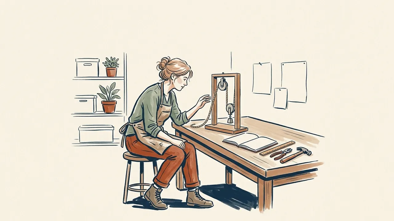 Inventora observando una maqueta con dos poleas en una mesa de taller.