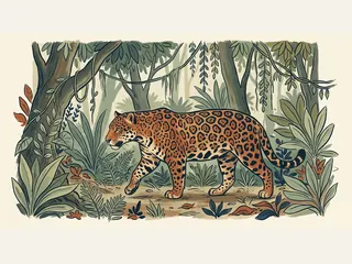 Un jaguar ilustrado camina entre la vegetación de un bosque imaginario.