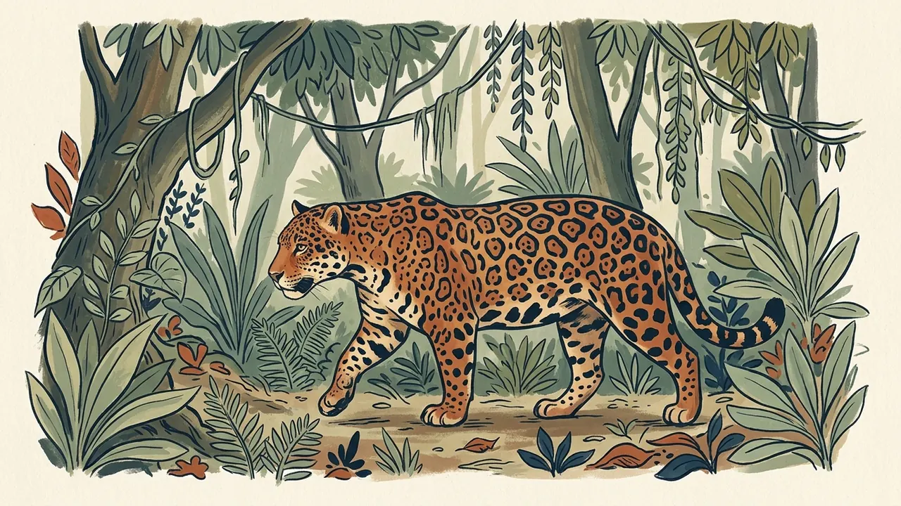 Un jaguar ilustrado camina entre la vegetación de un bosque imaginario.
