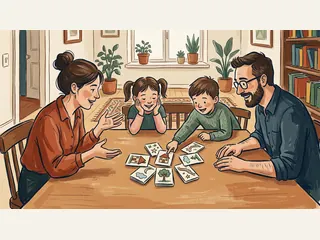 Dos adultos y dos menores inventan una historia con tarjetas ilustradas sobre una mesa.