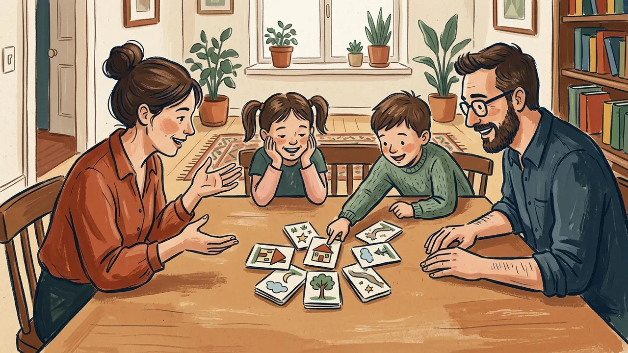 Dos adultos y dos menores inventan una historia con tarjetas ilustradas sobre una mesa.