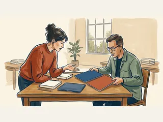 Dos personas adultas comparan paneles lisos de colores sobre una mesa de lectura.