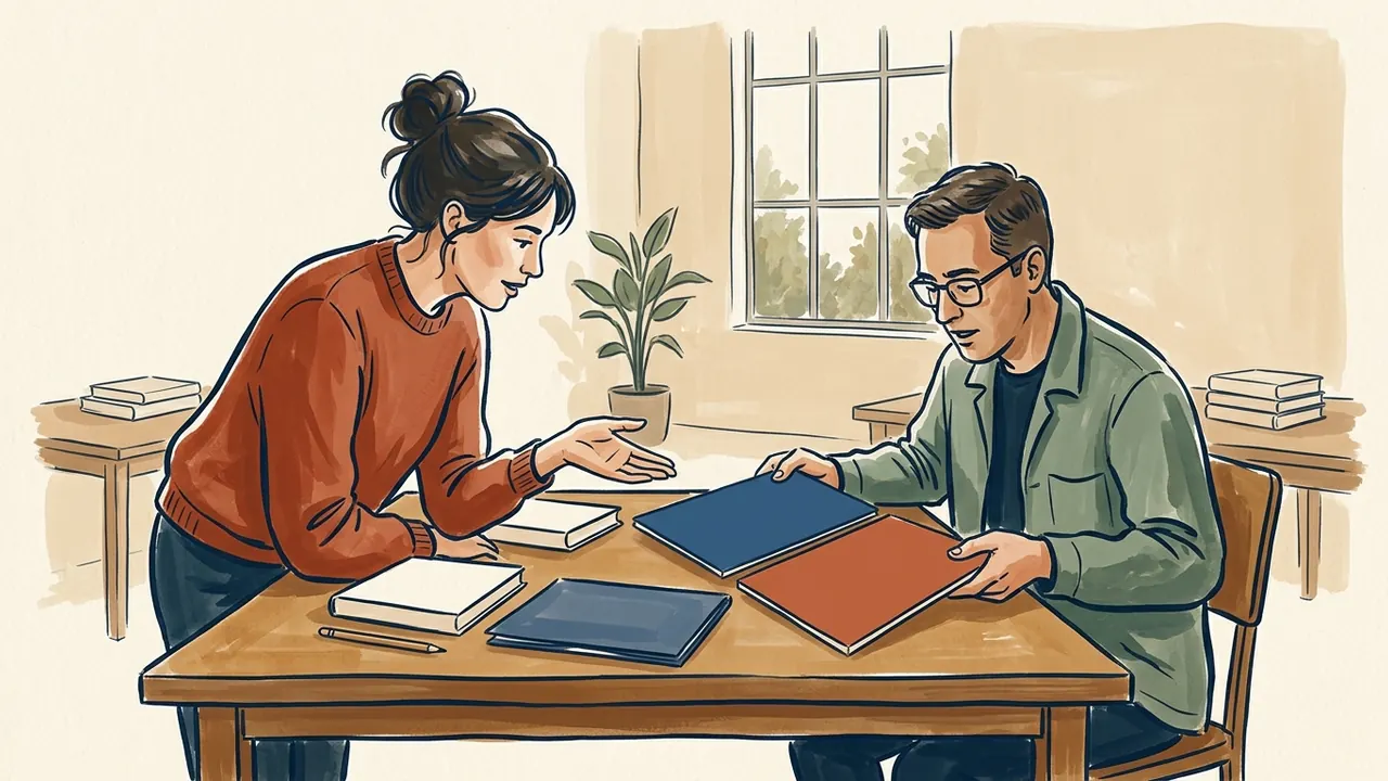 Dos personas adultas comparan paneles lisos de colores sobre una mesa de lectura.