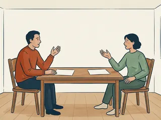 Dos personas conversan ante hojas en blanco en una sala ficticia.