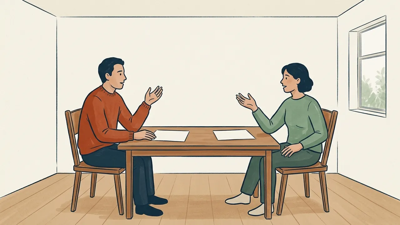 Dos personas conversan ante hojas en blanco en una sala ficticia.