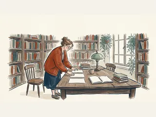 Mujer ordenando tarjetas en blanco sobre una mesa de biblioteca.