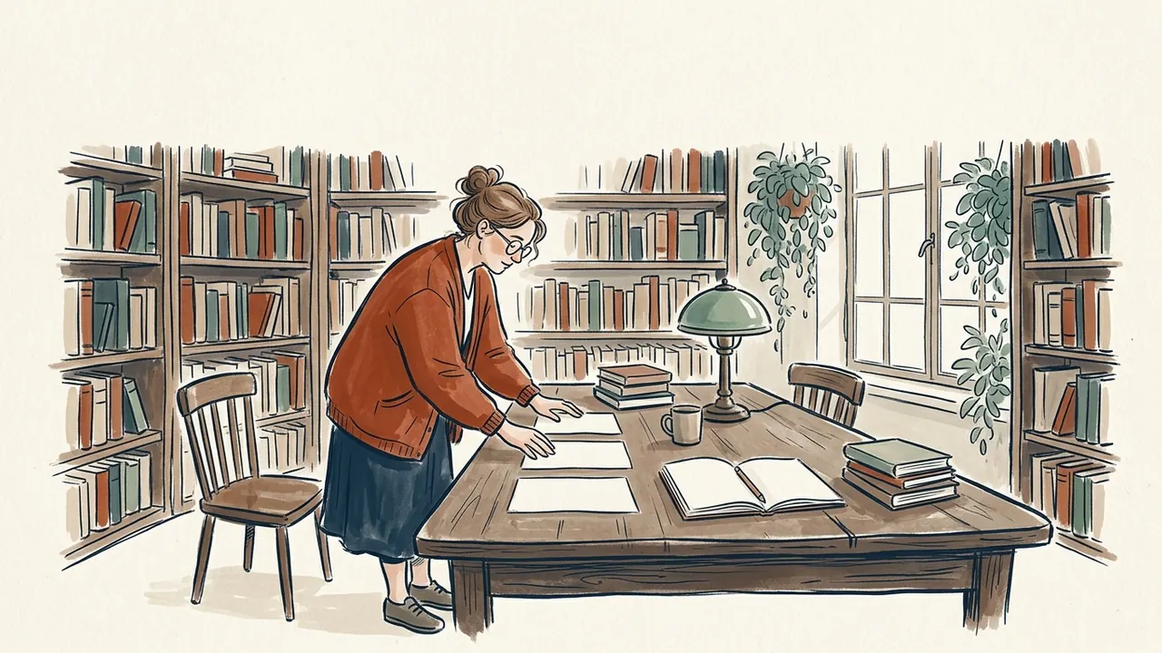 Mujer ordenando tarjetas en blanco sobre una mesa de biblioteca.