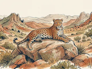 Un leopardo descansa sobre una roca en un paisaje árido ficticio.
