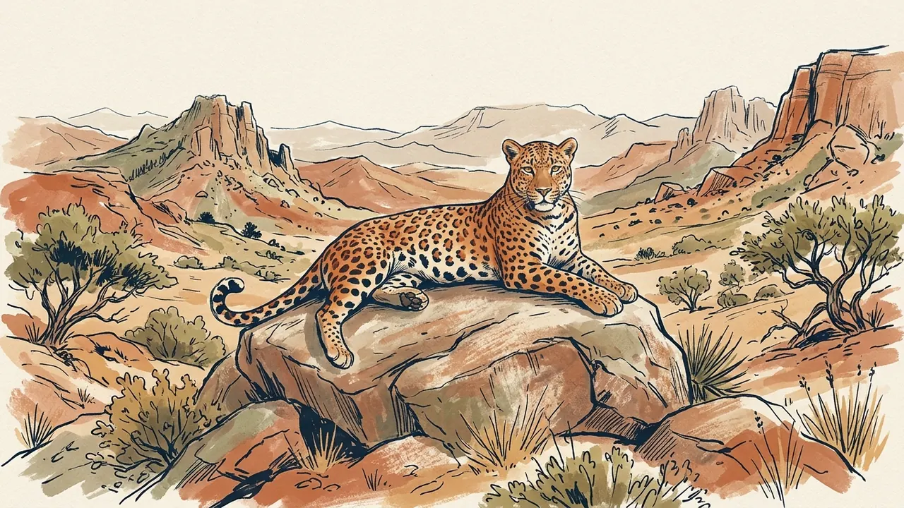 Un leopardo descansa sobre una roca en un paisaje árido ficticio.