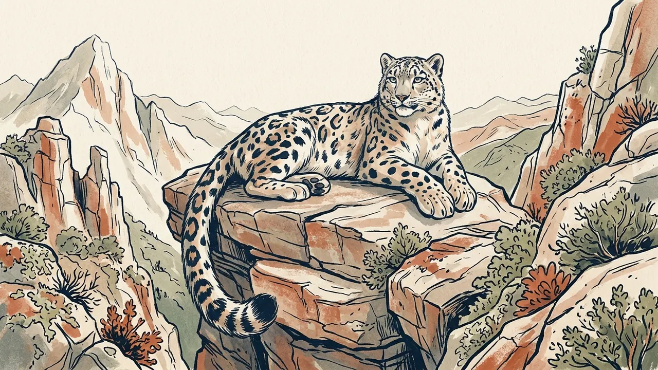 Ilustración de un leopardo de las nieves descansando sobre una roca con la cola extendida.