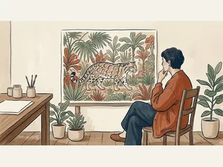 Una persona observa una ilustración de un felino moteado entre vegetación imaginaria.