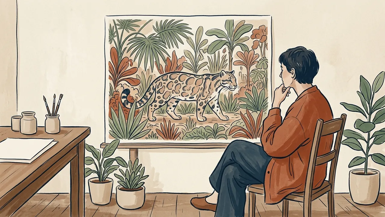 Una persona observa una ilustración de un felino moteado entre vegetación imaginaria.