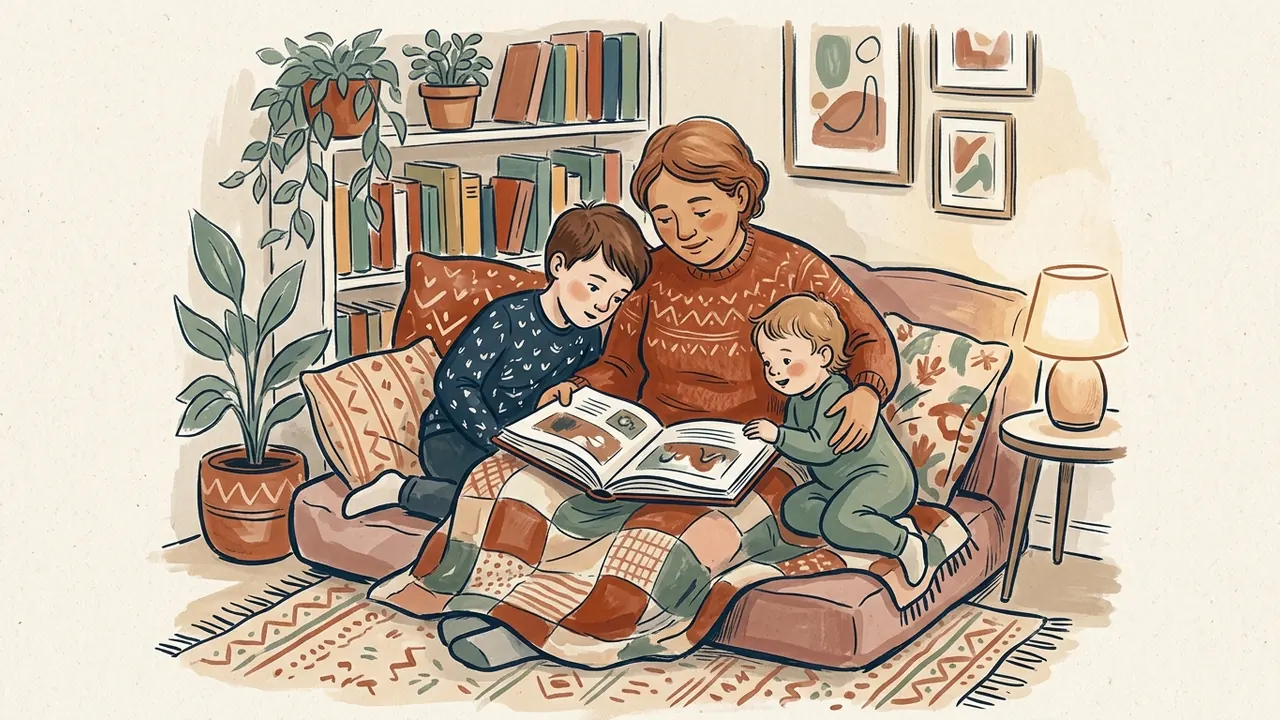 Una persona adulta lee un libro ilustrado con dos niños de edades distintas en un sofá.
