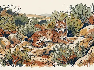 Un lince de pelaje moteado, orejas con pinceles y cola corta descansa entre matorrales.