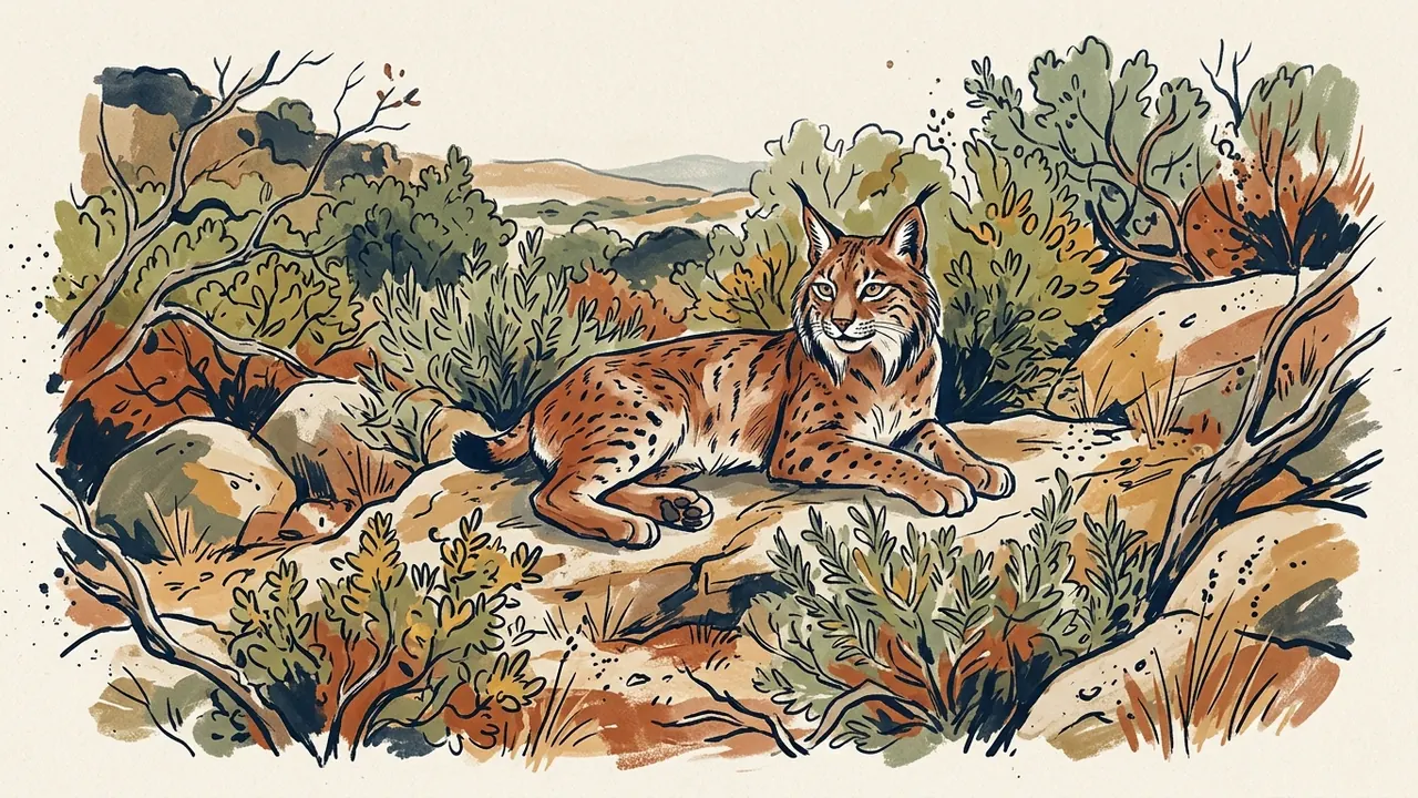 Un lince de pelaje moteado, orejas con pinceles y cola corta descansa entre matorrales.