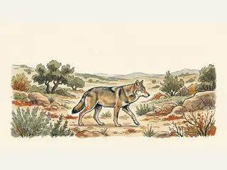 Lobo ibérico caminando por un paisaje abierto de monte bajo.