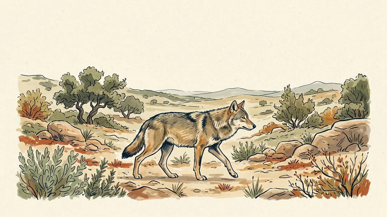 Lobo ibérico caminando por un paisaje abierto de monte bajo.