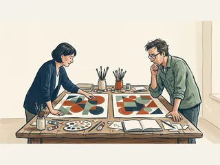 Dos personas comparan composiciones geométricas sobre una mesa de trabajo.
