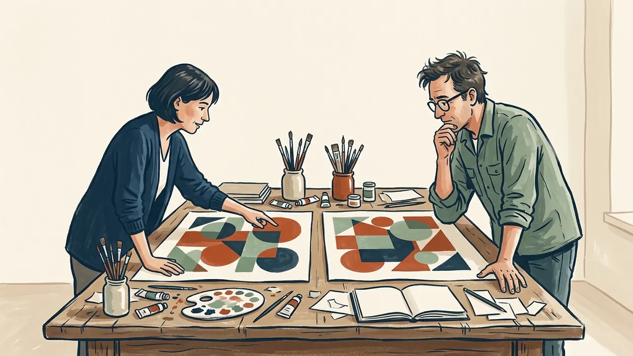Dos personas comparan composiciones geométricas sobre una mesa de trabajo.