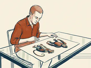 Una persona consulta dos dibujos estilizados de primates sobre una mesa de cristal.