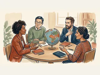 Cuatro personas dialogan alrededor de una mesa con un globo terráqueo.