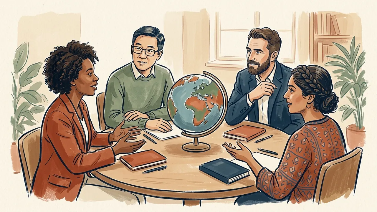Cuatro personas dialogan alrededor de una mesa con un globo terráqueo.