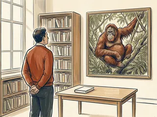Una persona contempla una ilustración de un orangután entre ramas en una biblioteca ficticia.