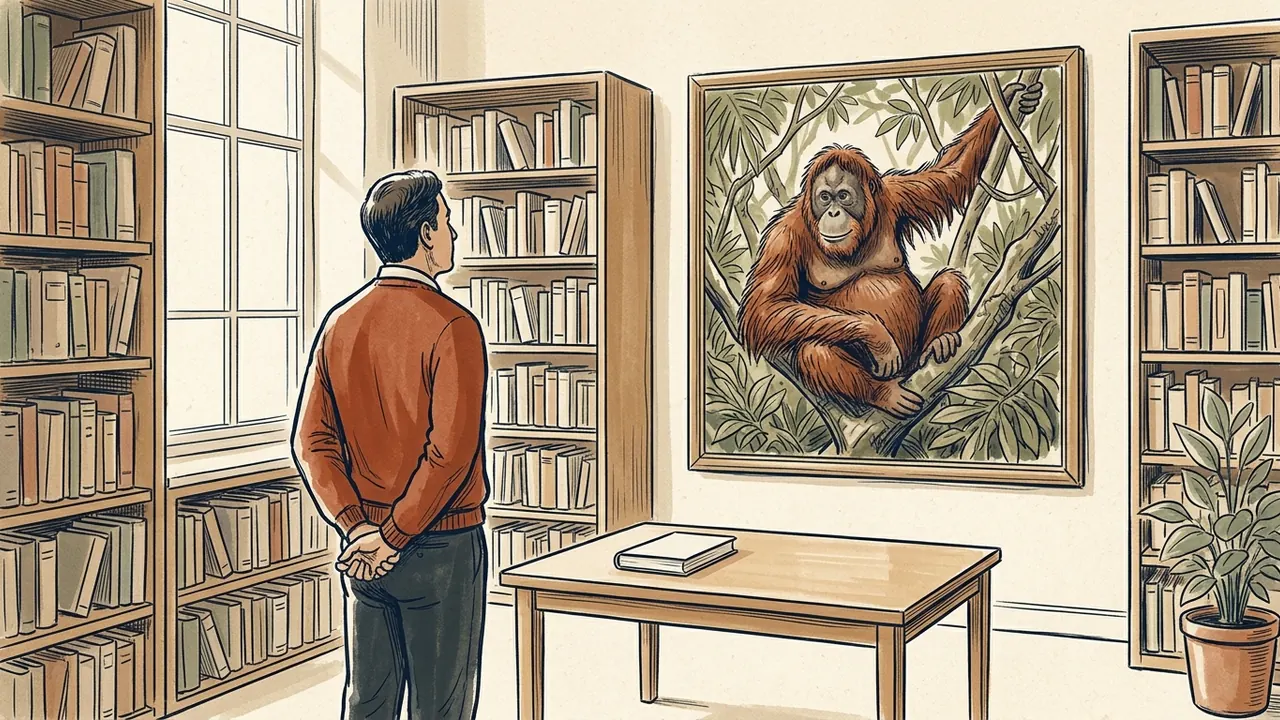 Una persona contempla una ilustración de un orangután entre ramas en una biblioteca ficticia.
