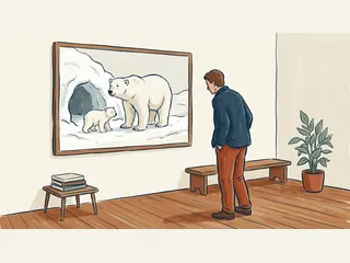 Persona adulta que observa una ilustración de una osa polar y su cría junto a una guarida.