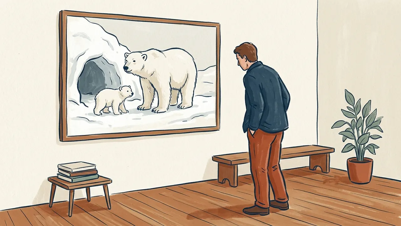 Persona adulta que observa una ilustración de una osa polar y su cría junto a una guarida.