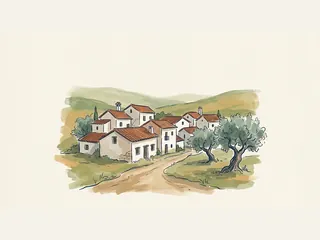 Casas de un pueblo español junto a dos olivos y un camino de tierra.