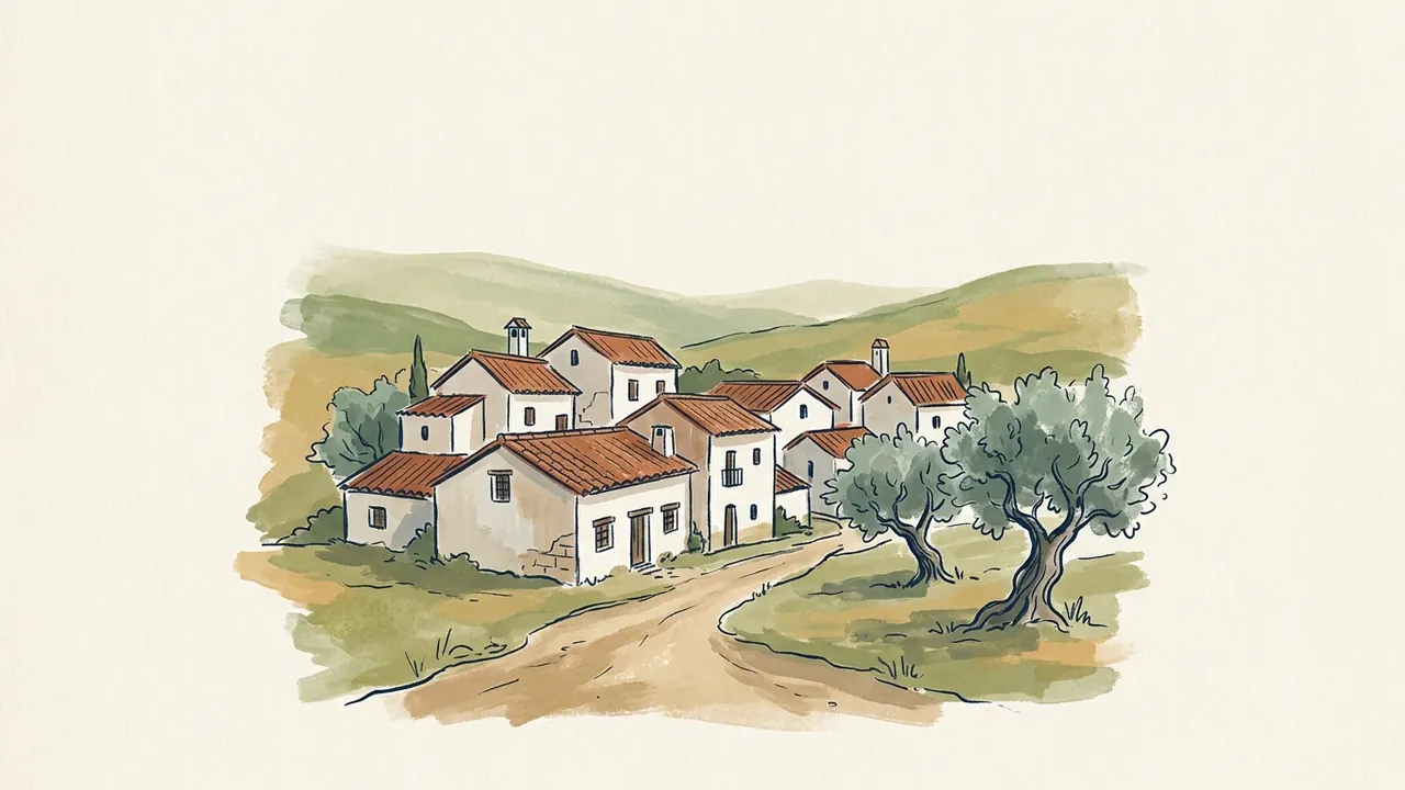 Casas de un pueblo español junto a dos olivos y un camino de tierra.