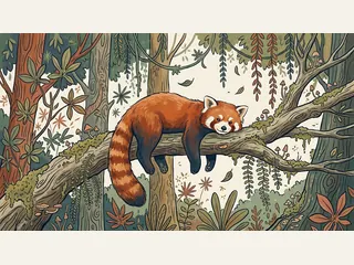 Un panda rojo descansa sobre una rama en un bosque ilustrado.