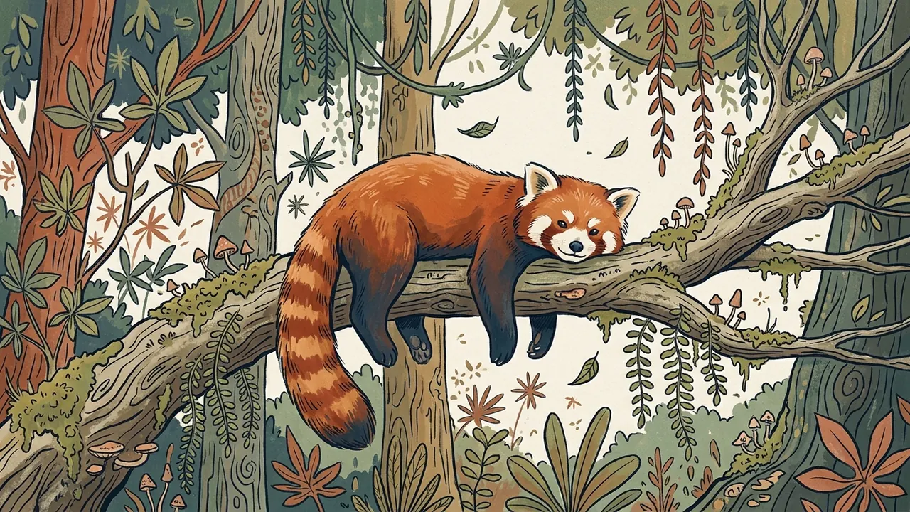 Un panda rojo descansa sobre una rama en un bosque ilustrado.