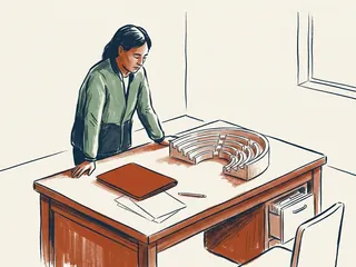 Una persona observa una maqueta de hemiciclo vacío sobre una mesa con una carpeta cerrada y hojas lisas.