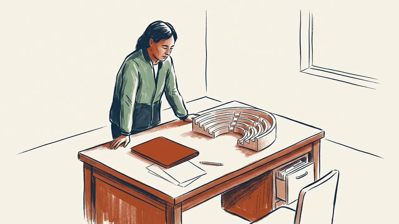 Una persona observa una maqueta de hemiciclo vacío sobre una mesa con una carpeta cerrada y hojas lisas.