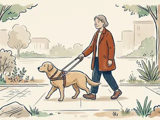 Persona caminando con un perro guía por una acera arbolada ficticia.