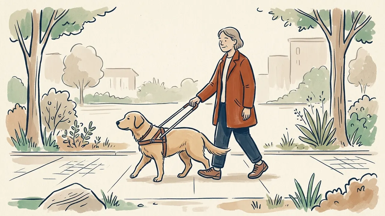 Persona caminando con un perro guía por una acera arbolada ficticia.