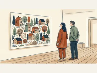 Dos personas observan una composición artística de casas y árboles.
