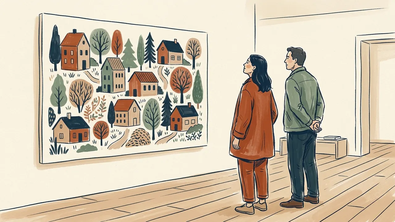 Dos personas observan una composición artística de casas y árboles.