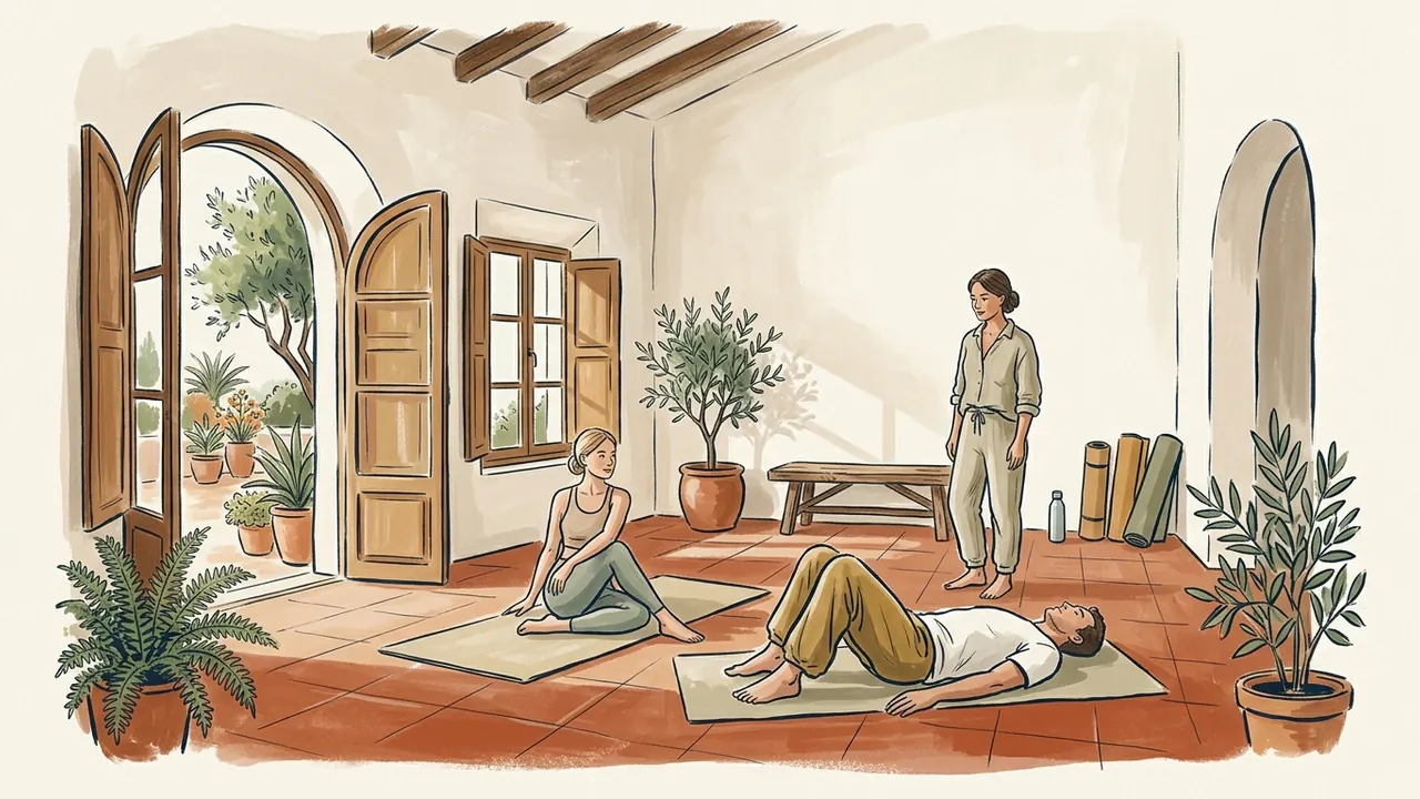Una instructora acompaña a dos adultos sobre esterillas en una sala de pilates.