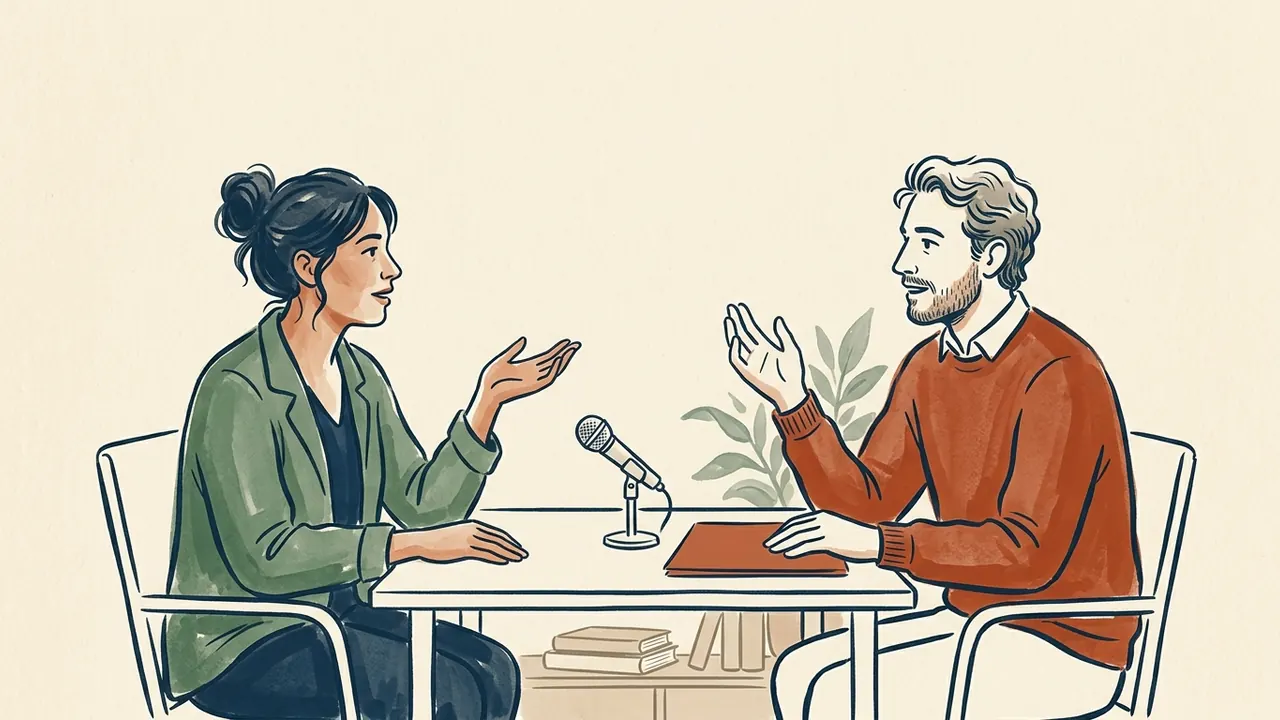 Dos personas adultas conversan ante un micrófono de mesa y una carpeta cerrada.