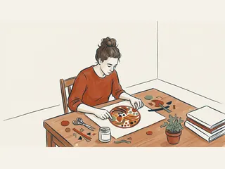 Una persona crea con papeles de colores un collage que representa un cuenco.