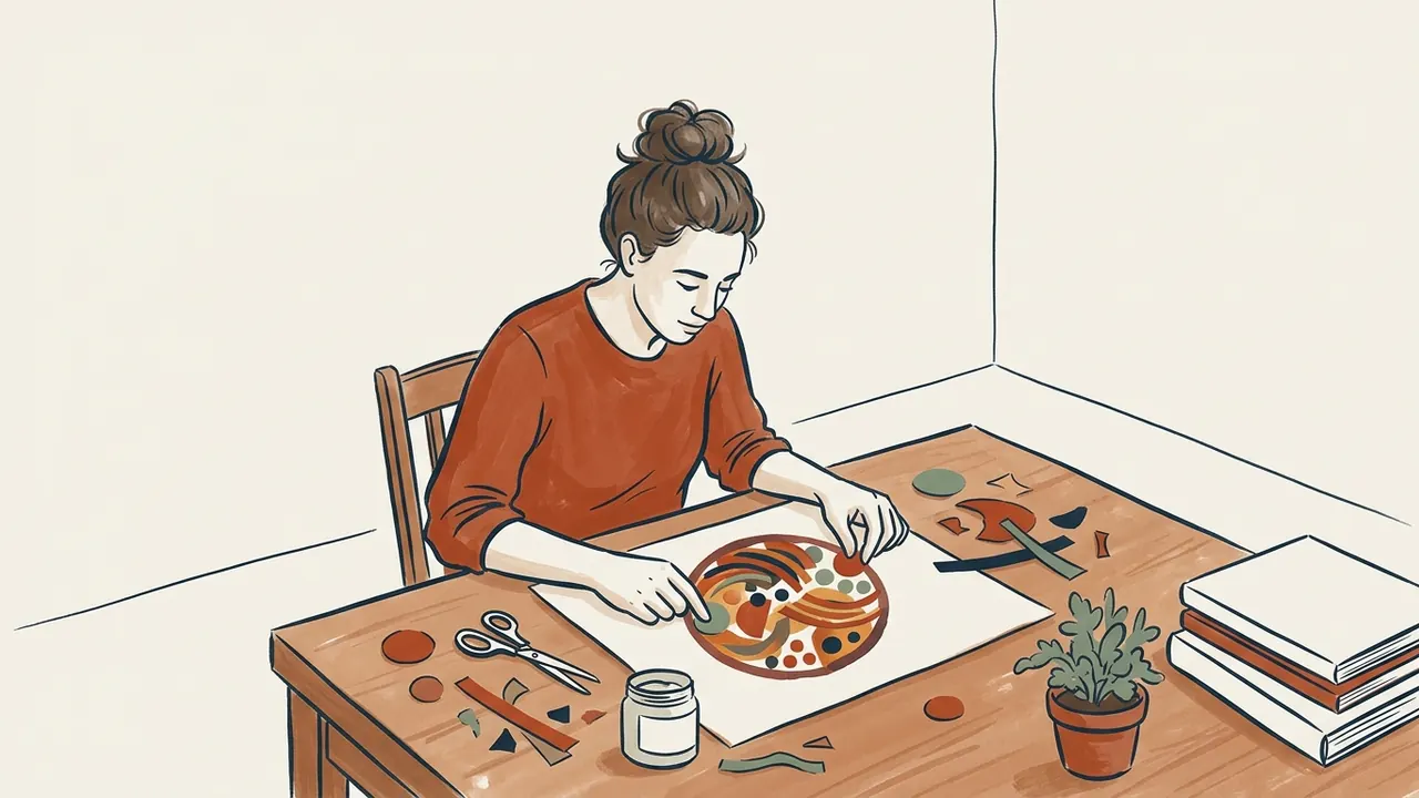 Una persona crea con papeles de colores un collage que representa un cuenco.